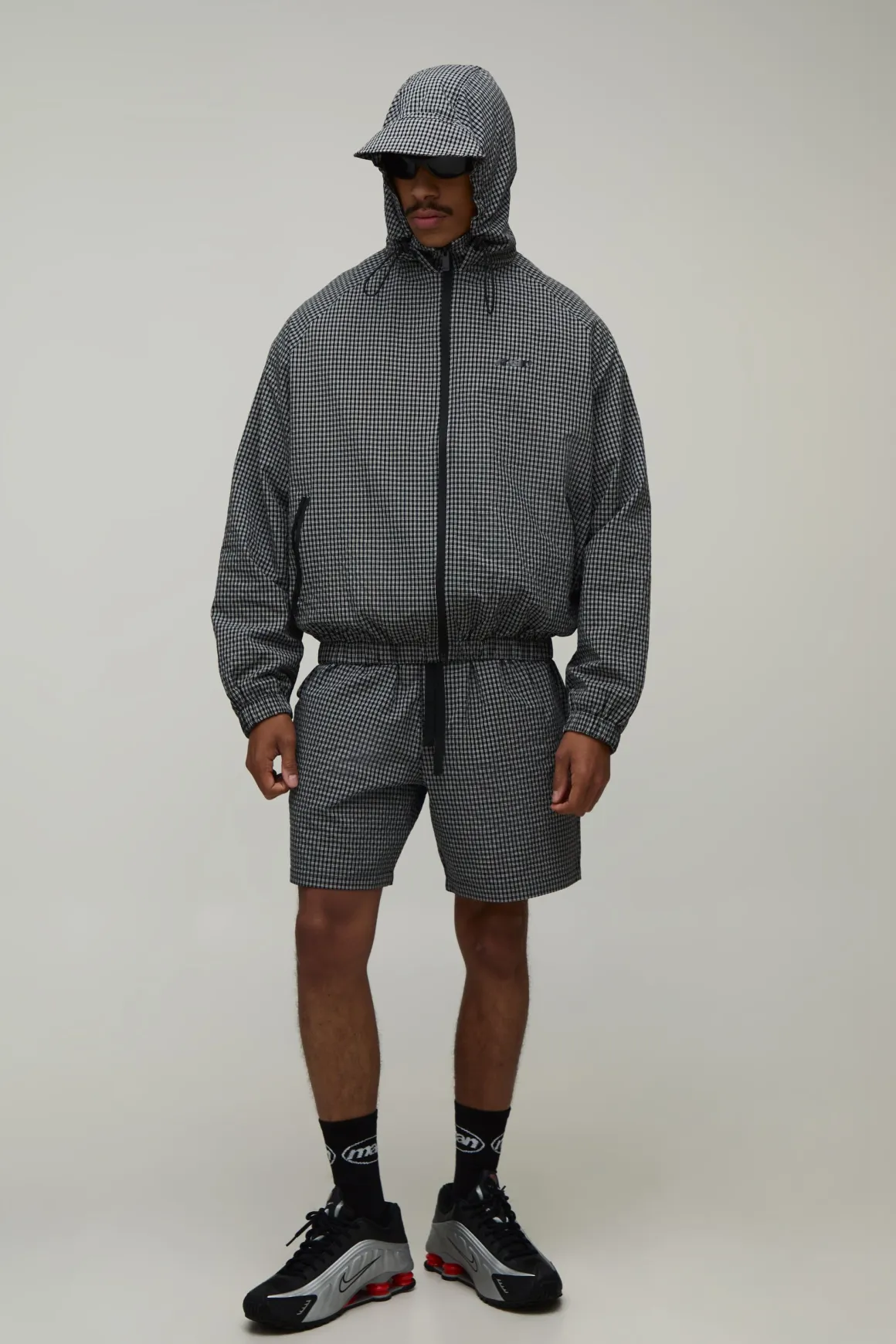 Cagoule à Casynthétiqueche Oversize Boxy à Carreaux avec Brandebourgs