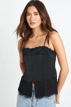 boohoo Cami boutonnée en mélange de satin et de dentelle<Femme Satin Et Dentelle|Tops