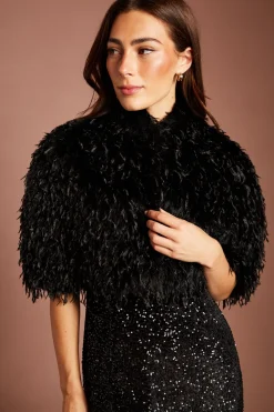 Cape Courte En Synthétique À Effet Plumes Noire