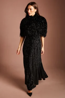 Cape Courte En Synthétique À Effet Plumes Noire