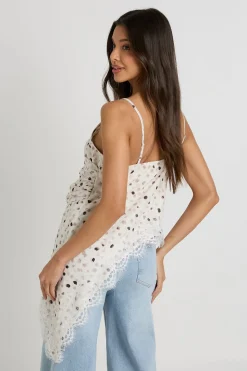 Caraco Asymétrique Drapé À Pois Avec Bordure En Dentelle