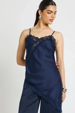 boohoo Caraco Long en Satin avec Dentelle Contrastante<Femme Satin Et Dentelle|Tops