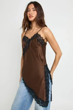 boohoo Caraco Long en Satin à Contrastes de Dentelle<Femme Looks Chocolat|Satin Et Dentelle