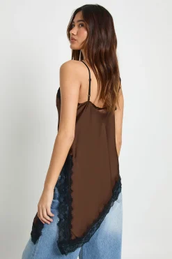 boohoo Caraco Long en Satin à Contrastes de Dentelle<Femme Looks Chocolat|Satin Et Dentelle