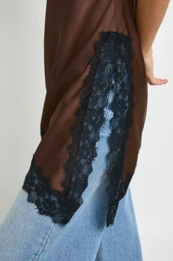 boohoo Caraco Long en Satin à Contrastes de Dentelle<Femme Looks Chocolat|Satin Et Dentelle