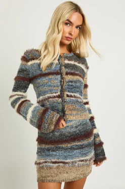 Cardigan ajusté à col rond en tricot duveteux et texturé