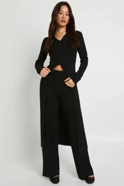 Cardigan boutonné à coupe longue et pantalon à jambes larges assortis
