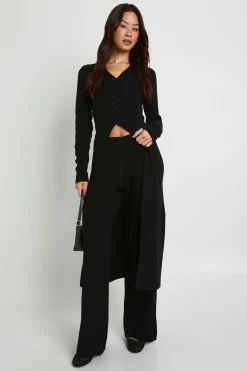 Cardigan boutonné à coupe longue et pantalon à jambes larges assortis