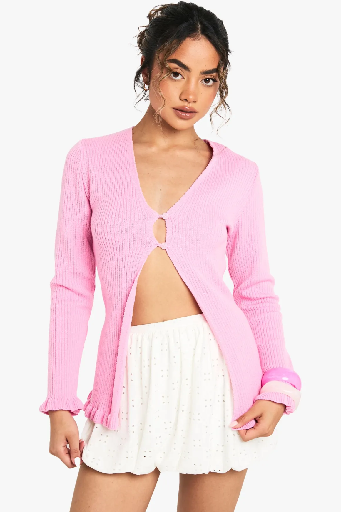 Cardigan boutonné en maille douce avec ourlet feuille de laitue