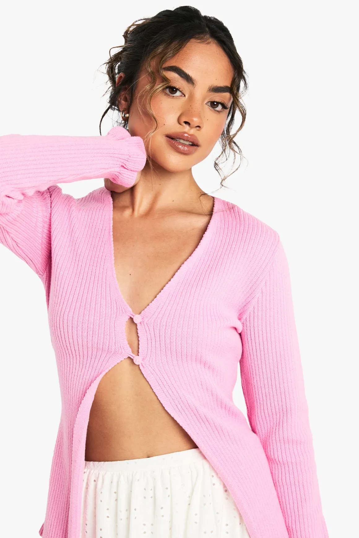 Cardigan boutonné en maille douce avec ourlet feuille de laitue