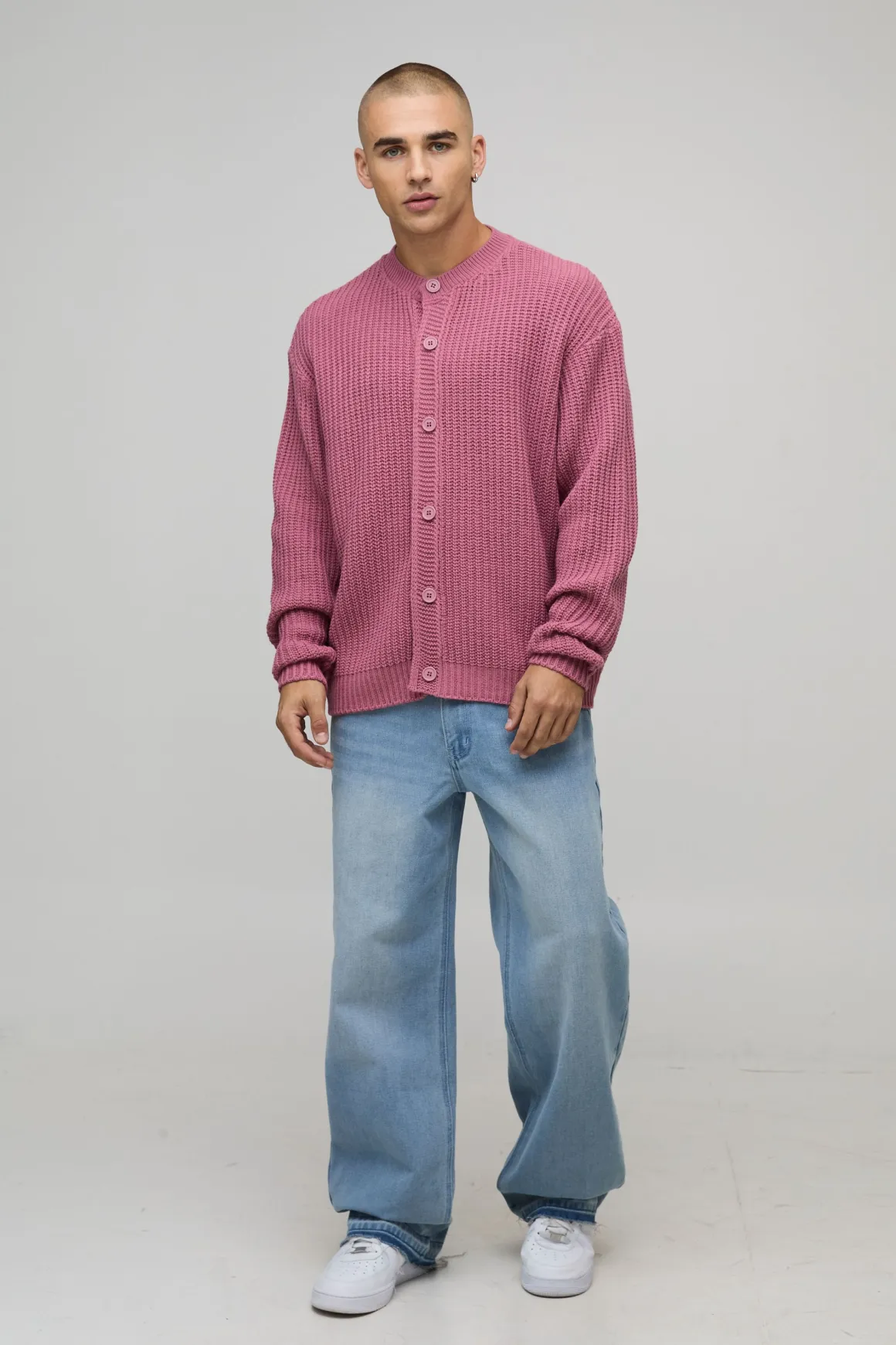 Cardigan boutonné en tricot à côtes de pêcheur surdimensionné