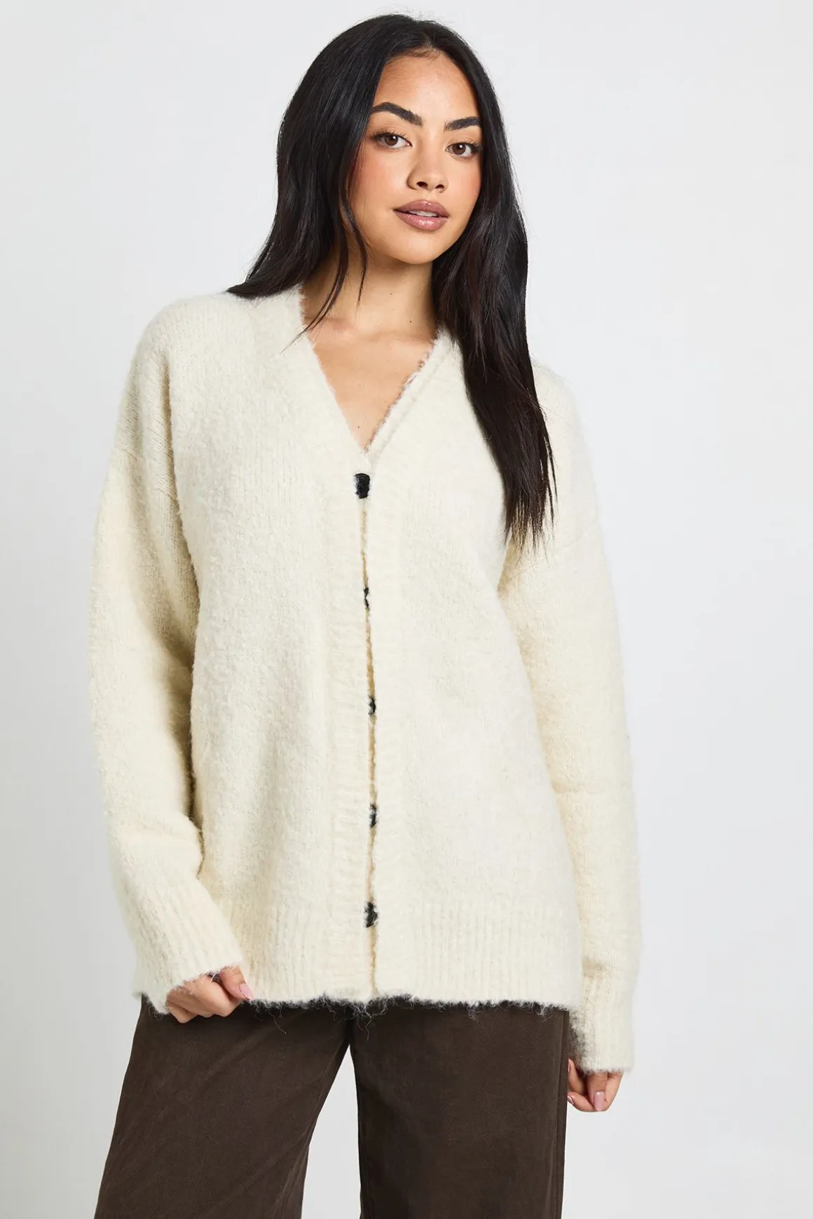 Cardigan Boyfriend Oversize en Maille Bouclé avec Patte de Boutonnage Dissimulée