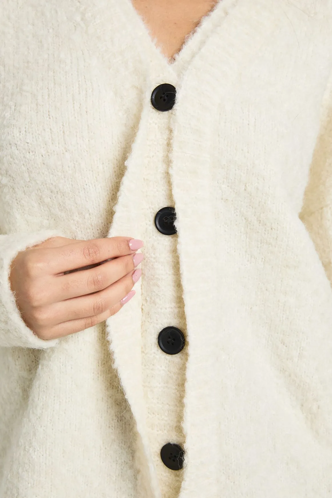 Cardigan Boyfriend Oversize en Maille Bouclé avec Patte de Boutonnage Dissimulée