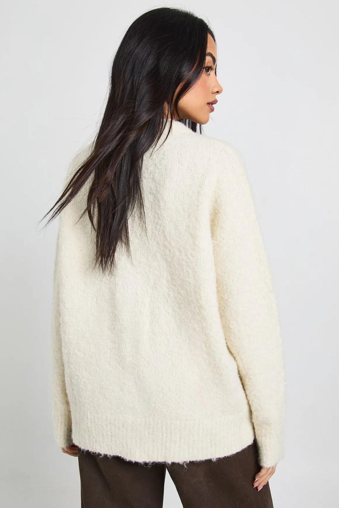 Cardigan Boyfriend Oversize en Maille Bouclé avec Patte de Boutonnage Dissimulée