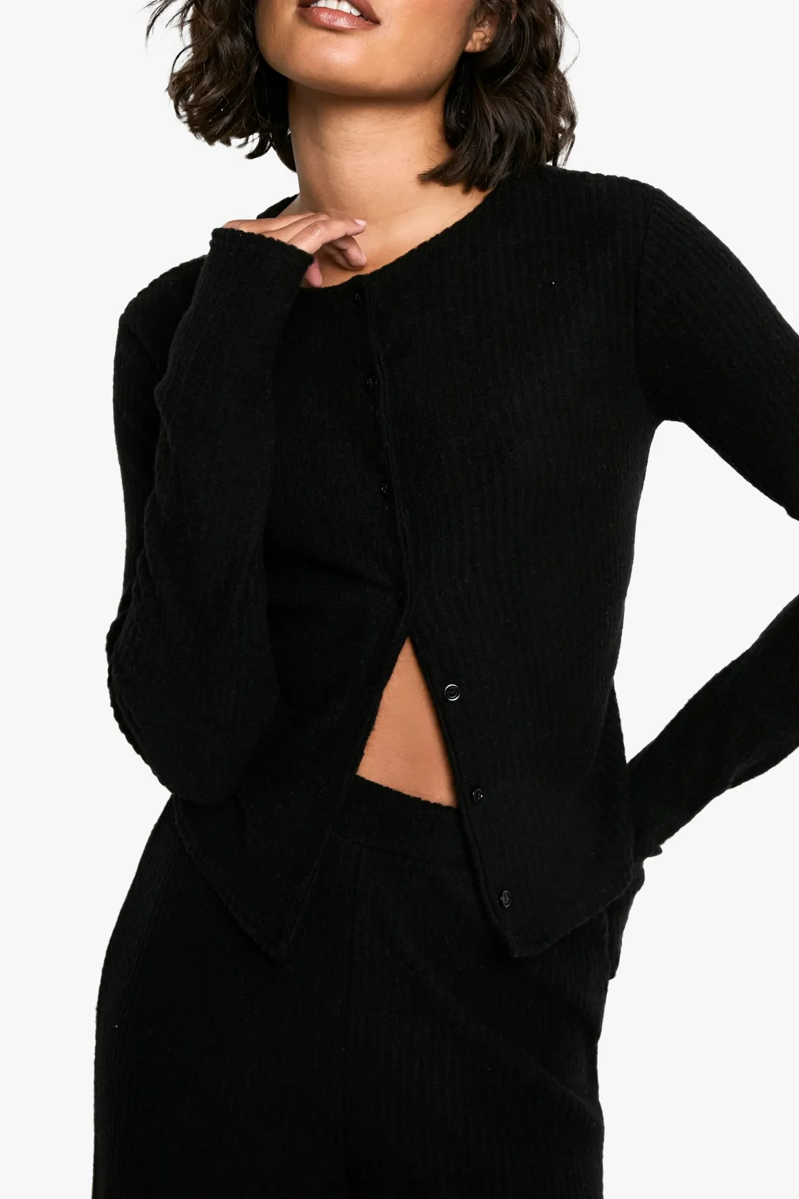 Cardigan brossé long et ensemble coordonné avec pantalon à jambes larges