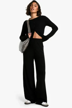 Cardigan brossé long et ensemble coordonné avec pantalon à jambes larges