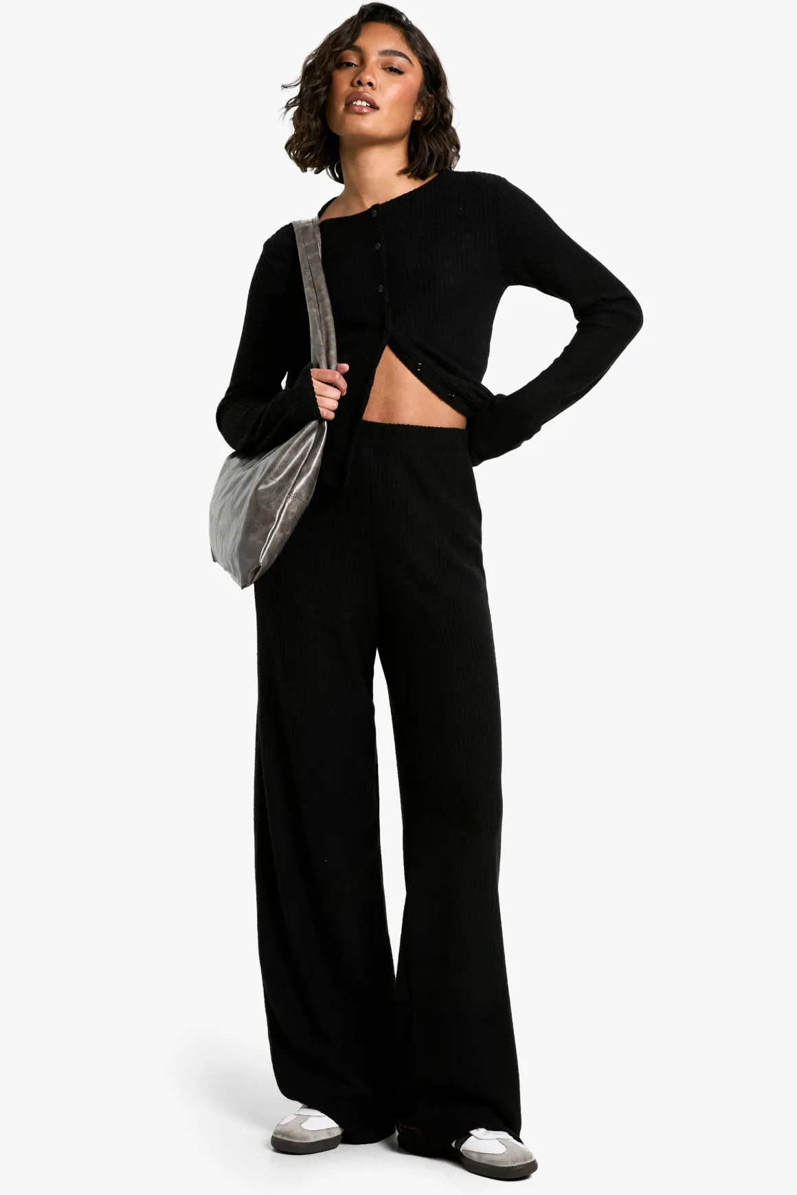 Cardigan brossé long et ensemble coordonné avec pantalon à jambes larges