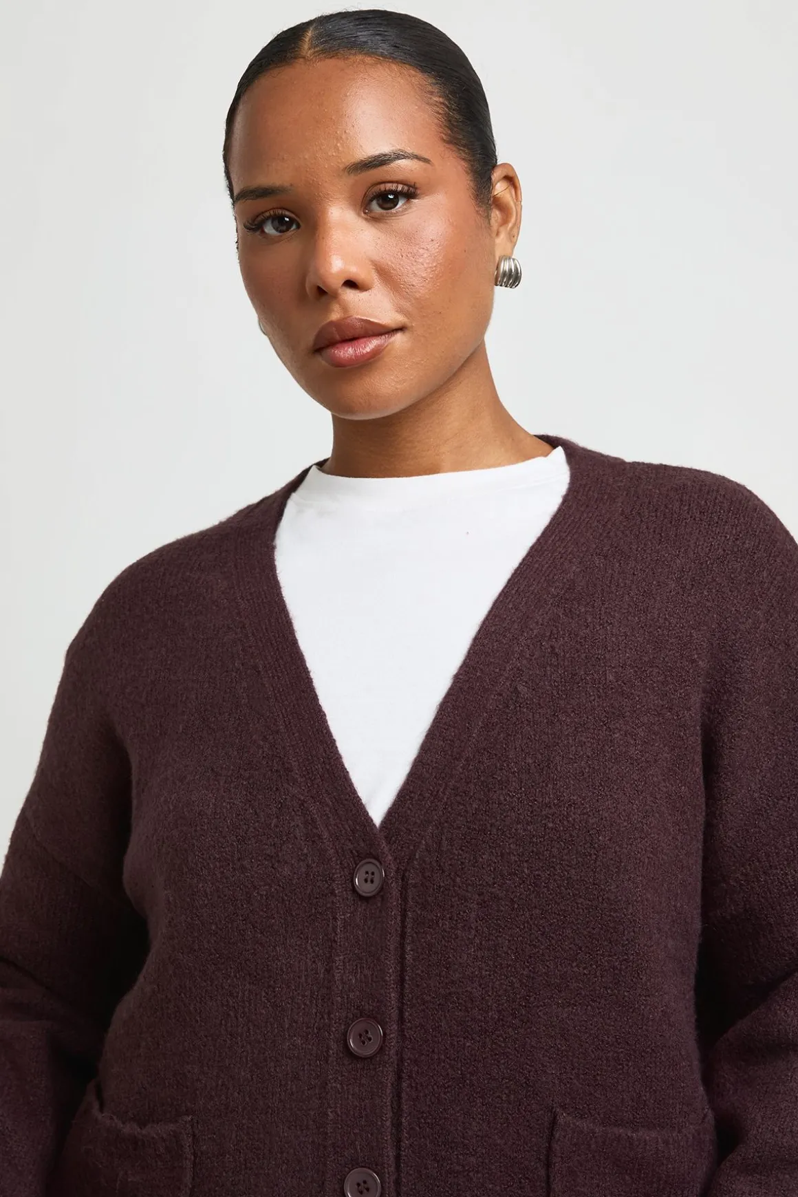 Cardigan Col V En Maille Douce Avec Détail Poches Grande Taille