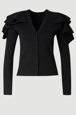 Cardigan Compact Aspect Laine à Col V Volants