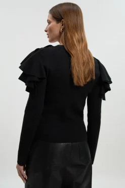 Cardigan Compact Aspect Laine à Col V Volants