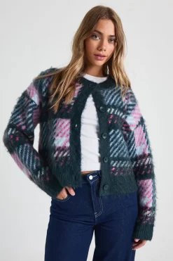 Cardigan à coupe boxy en maille brossée super doux à carreaux