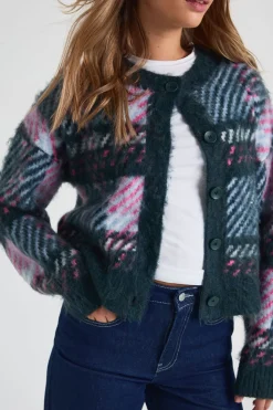 Cardigan à coupe boxy en maille brossée super doux à carreaux