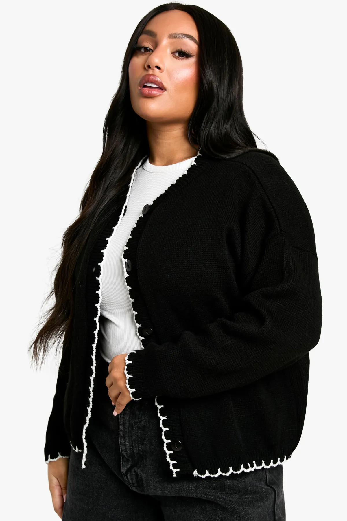 boohoo Cardigan court tricoté à surpiqûre pour grandes tailles<Femme Pulls Et Gilets|Toutes Les Mailles