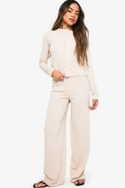 Cardigan côtelé et pantalon à jambes larges coordonné