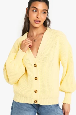 Cardigan Côtelé À Manches Ballon Avec Boutonnage