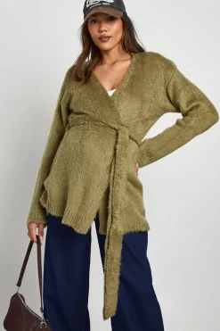 boohoo Cardigan de maternité duveteux à ceinture<Femme Pulls Et Gilets|Toutes Les Mailles