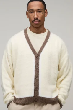 boohooMAN Cardigan En Maille Brossée Contrastée Coupe Ample Décontractée<Homme Maille|Mailles