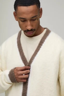 boohooMAN Cardigan En Maille Brossée Contrastée Coupe Ample Décontractée<Homme Maille|Mailles