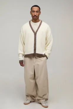 boohooMAN Cardigan En Maille Brossée Contrastée Coupe Ample Décontractée<Homme Maille|Mailles