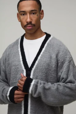 boohooMAN Cardigan En Maille Brossée À Coupe Ample Décontractée Avec Détails Contrastés<Homme Maille|Mailles