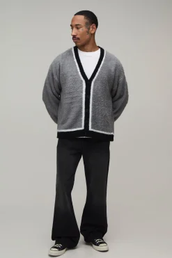boohooMAN Cardigan En Maille Brossée À Coupe Ample Décontractée Avec Détails Contrastés<Homme Maille|Mailles