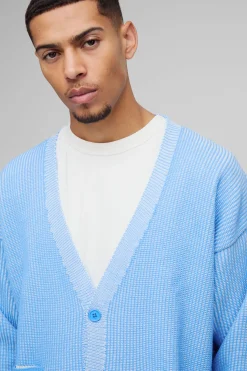boohooMAN Cardigan en Maille Côtelée Plaquée à Épaules Tombantes Coupe Ample Oversize<Homme Maille|Mailles