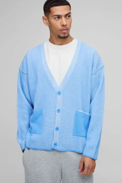 boohooMAN Cardigan en Maille Côtelée Plaquée à Épaules Tombantes Coupe Ample Oversize<Homme Maille|Mailles