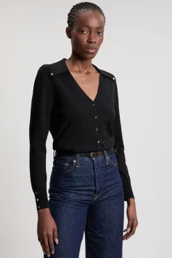 Cardigan En Maille Mélangée Viscose À Col Et Détails Pressions
