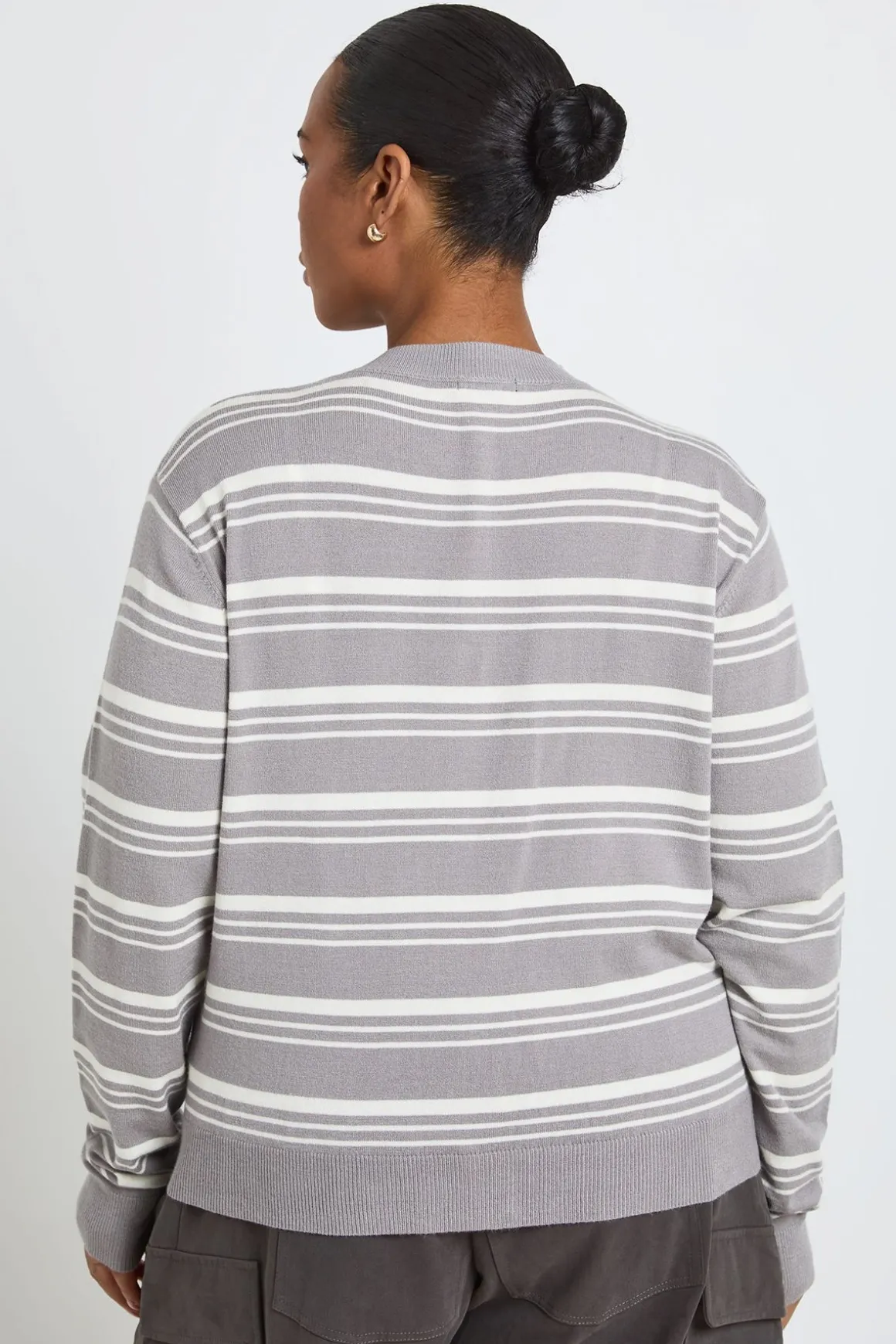 Cardigan En Maille Rayée Ultra Doux À Col Rond Grande Taille