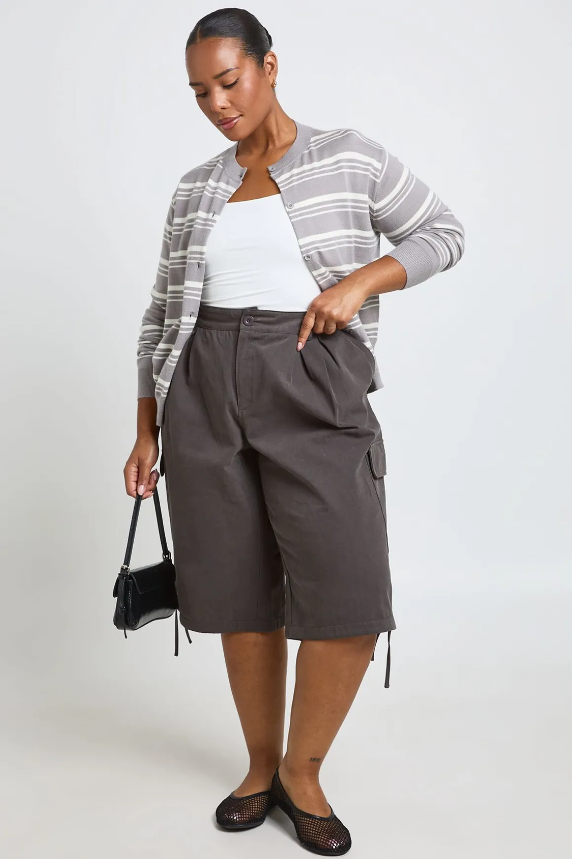Cardigan En Maille Rayée Ultra Doux À Col Rond Grande Taille