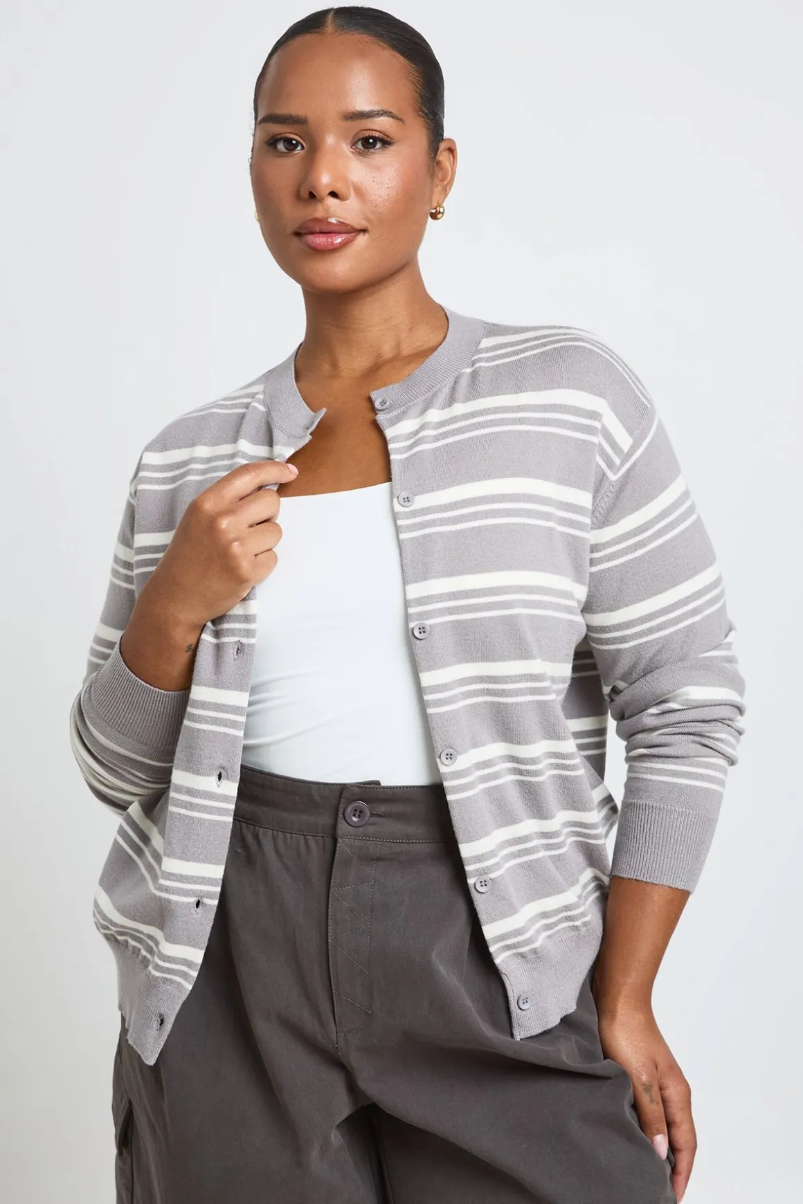 Cardigan En Maille Rayée Ultra Doux À Col Rond Grande Taille