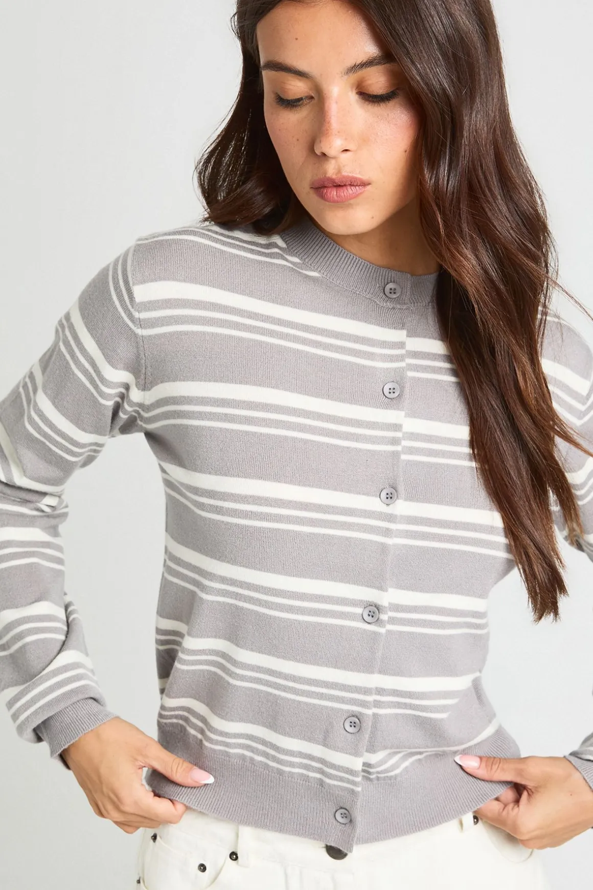 Cardigan En Maille À Rayures Ultra Doux Col Rond