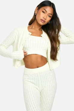 Cardigan en maille torsadée douce, Crop Top et Pantalon à Jambe Évasée 3 Pièces