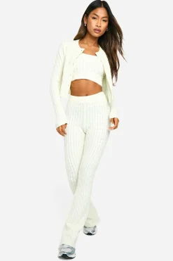 Cardigan en maille torsadée douce, Crop Top et Pantalon à Jambe Évasée 3 Pièces