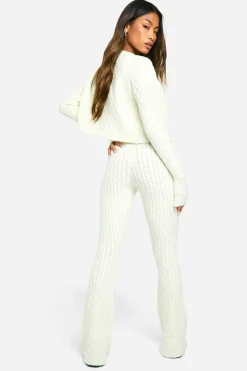 Cardigan en maille torsadée douce, Crop Top et Pantalon à Jambe Évasée 3 Pièces