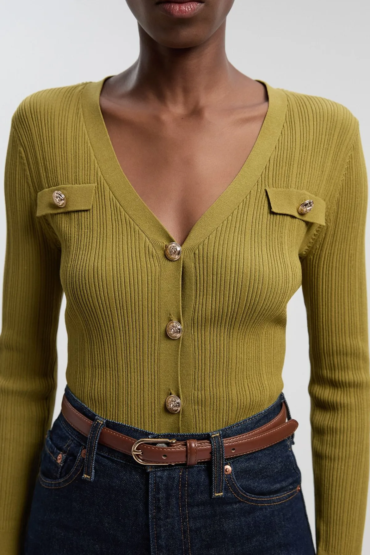 KarenMillen Cardigan en mélange de viscose à toucher sec, à côtes et garniture militaire<Femme Pulls Et Gilets|Toutes Les Mailles