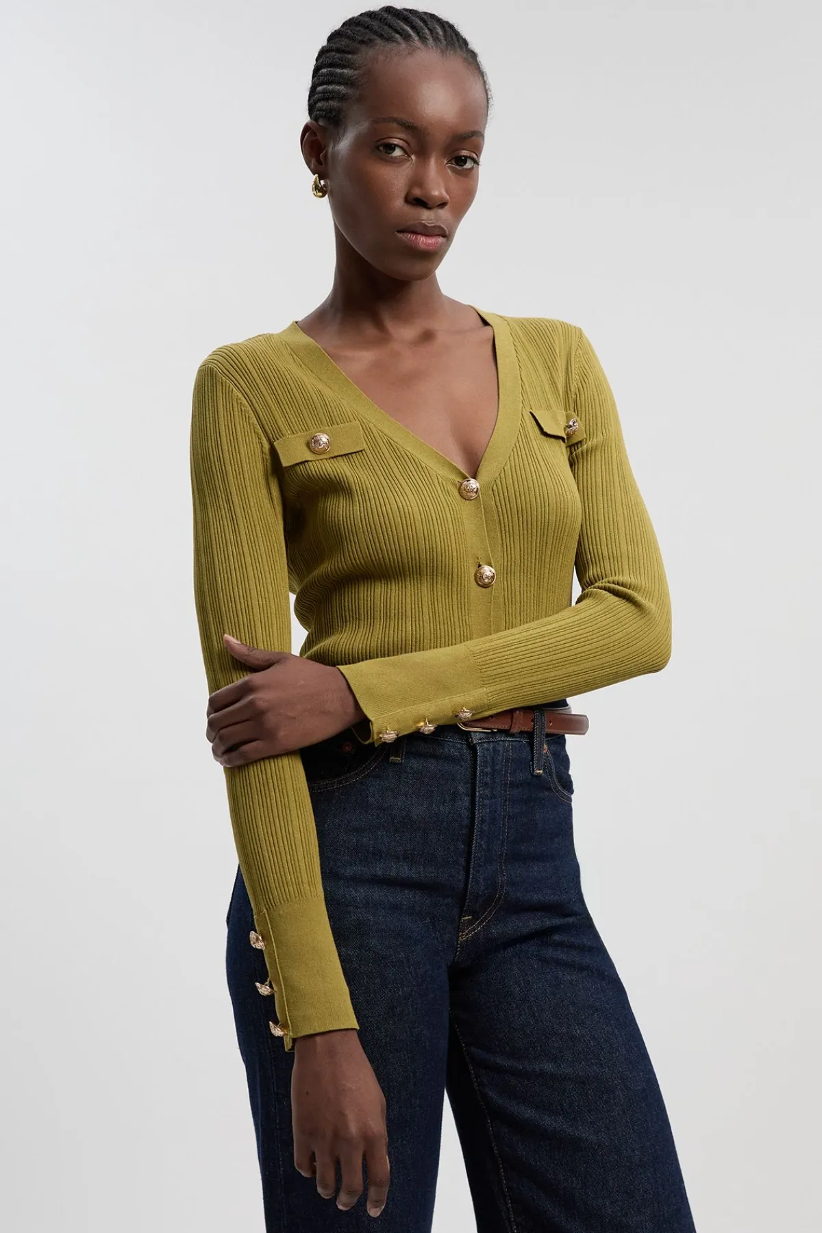 KarenMillen Cardigan en mélange de viscose à toucher sec, à côtes et garniture militaire<Femme Pulls Et Gilets|Toutes Les Mailles