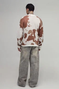 boohooMAN Cardigan En Tricot Jacquard Vache Brossé Coupe Ample Tall<Homme Tout Afficher|Mailles Tall