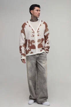 boohooMAN Cardigan En Tricot Jacquard Vache Brossé Coupe Ample Tall<Homme Tout Afficher|Mailles Tall