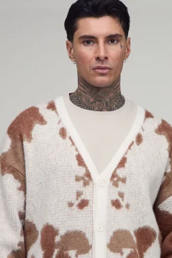 boohooMAN Cardigan En Tricot Jacquard Vache Brossé Coupe Ample Tall<Homme Tout Afficher|Mailles Tall
